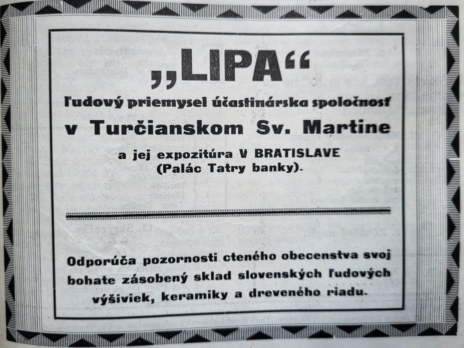 Reklama na Lipu — ľudový priemysel, účastinárska spoločnosť v Turčianskom Sv. Martine a expozitúra v Bratislave — Živena, 1928