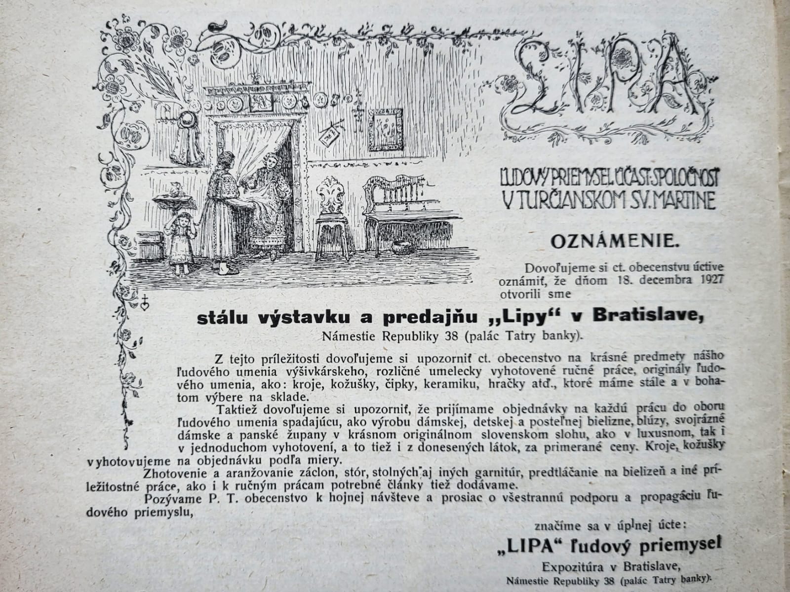 Oznámenie o otvorení stálej výstavky a predajne Lipy v Bratislave, Námestie Republiky 38 — Živena, 1928